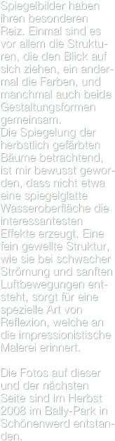 Spiegelbilder haben ihren besonderen Reiz. Einmal sind es vor allem die Struktu-ren, die den Blick auf sich ziehen, ein ander-mal die Farben, und manchmal auch beide Gestaltungsformen gemeinsam.
Die Spiegelung der herbstlich gefärbten Bäume betrachtend, ist mir bewusst gewor-den, dass nicht etwa eine spiegelglatte Wasseroberfläche die interessantesten Effekte erzeugt. Eine fein gewellte Struktur, wie sie bei schwacher Strömung und sanften Luftbewegungen ent-steht, sorgt für eine spezielle Art von Reflexion, welche an die impressionistische Malerei erinnert.

Die Fotos auf dieser und der nächsten Seite sind im Herbst 2008 im Bally-Park in Schönenwerd entstan-den. 