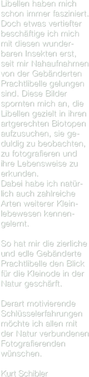 Libellen haben mich schon immer fasziniert. Doch etwas vertiefter beschäftige ich mich mit diesen wunder-baren Insekten erst, seit mir Nahaufnahmen von der Gebänderten Prachtlibelle gelungen sind. Diese Bilder spornten mich an, die Libellen gezielt in ihren artgerechten Biotopen aufzusuchen, sie ge-duldig zu beobachten, zu fotografieren und ihre Lebensweise zu erkunden.
Dabei habe ich natür-lich auch zahlreiche Arten weiterer Klein-lebewesen kennen-gelernt.

So hat mir die zierliche und edle Gebänderte Prachtlibelle den Blick für die Kleinode in der Natur geschärft.

Derart motivierende Schlüsselerfahrungen möchte ich allen mit der Natur verbundenen Fotografierenden wünschen.

Kurt Schibler