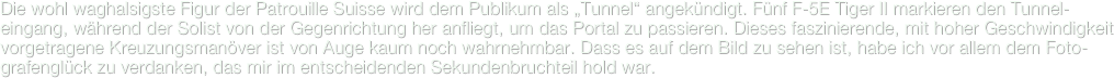 Die wohl waghalsigste Figur der Patrouille Suisse wird dem Publikum als „Tunnel“ angekündigt. Fünf F-5E Tiger II markieren den Tunnel-eingang, während der Solist von der Gegenrichtung her anfliegt, um das Portal zu passieren. Dieses faszinierende, mit hoher Geschwindigkeit vorgetragene Kreuzungsmanöver ist von Auge kaum noch wahrnehmbar. Dass es auf dem Bild zu sehen ist, habe ich vor allem dem Foto-grafenglück zu verdanken, das mir im entscheidenden Sekundenbruchteil hold war.